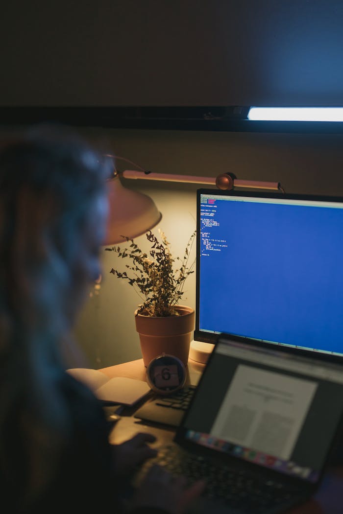 about-us-01 A person using a computer and laptop at night with a potted plant and desk lamp.